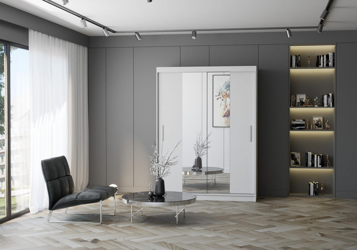 SCHIEBETÜRENSCHRANK - LARA 01 (Weiß) - Weiß, Holzwerkstoff/Metall (150/200/61cm) - Möblo