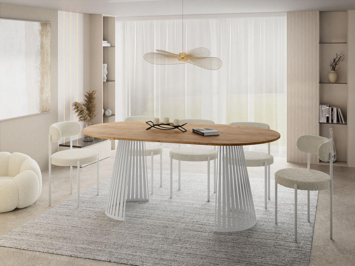ESSTISCH Naro rund ausziehbar mit Weißem Lamellen-Metallgestell, Braun 120-200/120/76 cm - Eiche Wotan/Weiß, Holzwerkstoff/Metall (120/120/76cm) - WFL GROUP