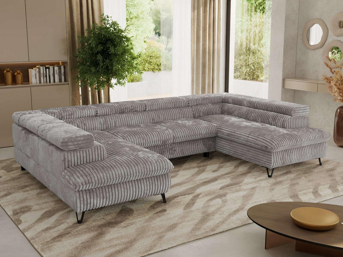 WOHNLANDSCHAFT PABLO U Cord Hellgrau mit Topper T25 - Hellgrau/Schwarz, Textil/Metall (346/76/208cm) - MKS