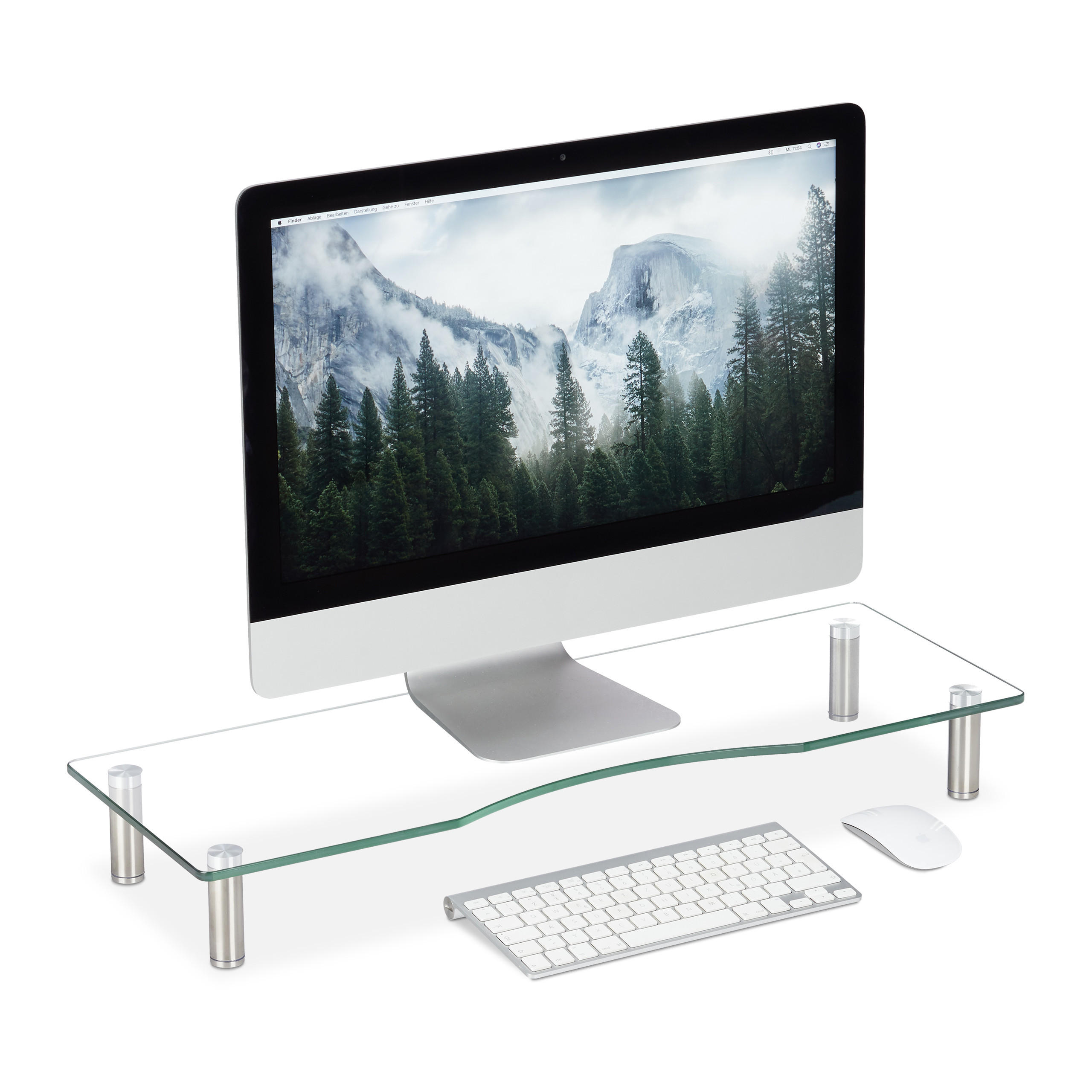 MONITORSTÄNDER Transparent Silber gehärtetes Glas höhenverstellbar - Transparent, Glas/Metall (24/70/11cm) - Relaxdays