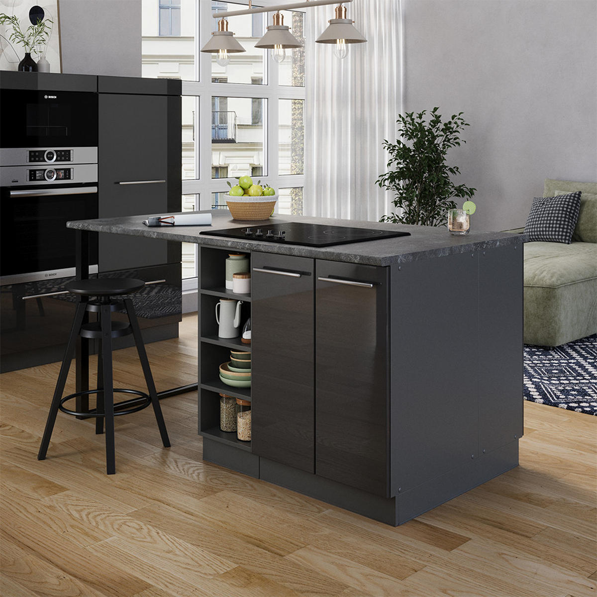 KUCHYŇSKÝ OSTROV Fame-Line Antracitový vysoký lesk - antracitová/vysoce lesklá černá, kompozitní dřevo (90/82/60cm) - Vicco