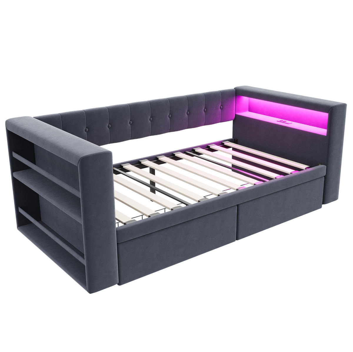 POLSTERBETT aus Flanellstoff 90x190 cm Dunkelgrau mit LED-Beleuchtung, Steckdose und 2 Schubladen - Dunkelgrau, Textil (90/190cm) - Modfu