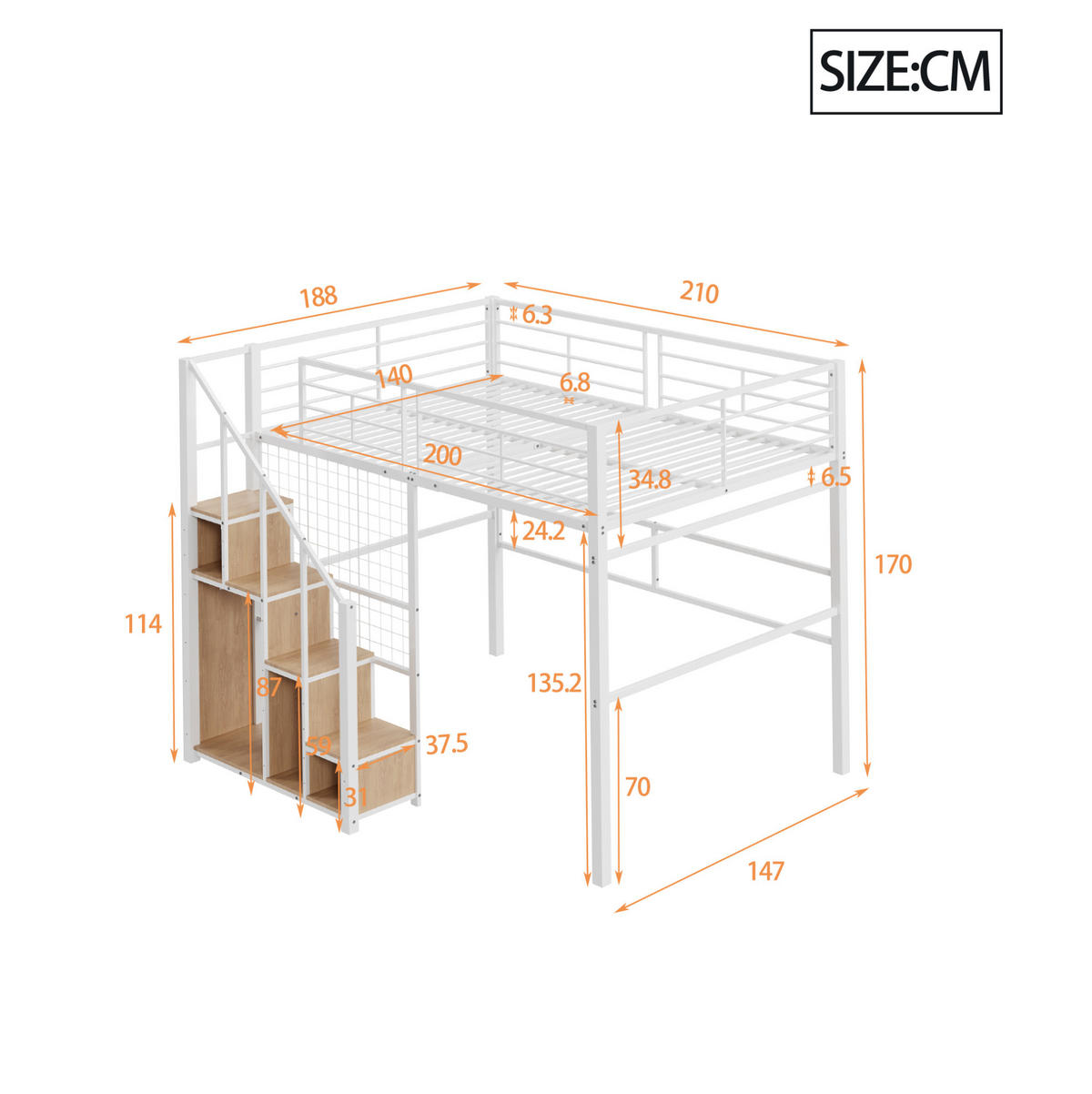 HOCHBETT 140/200 cm weiß mit integrierter Ablage und Sicherheitsleiter mit Matratze - Weiß, Metall (140/200cm) - OKWISH