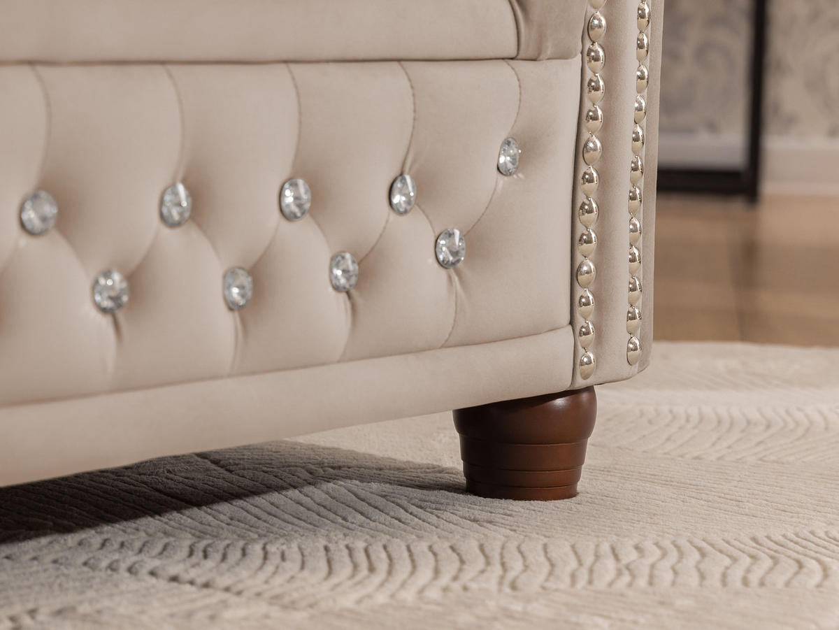 ECKSOFA mit Schlaffunktion Chesterfield Beige Samt mit Kristallsteppung und braunen Massivholzfüßen - Ottomane Links - Beige/Braun, Holz/Textil (264/210cm) - S-Style Möbel