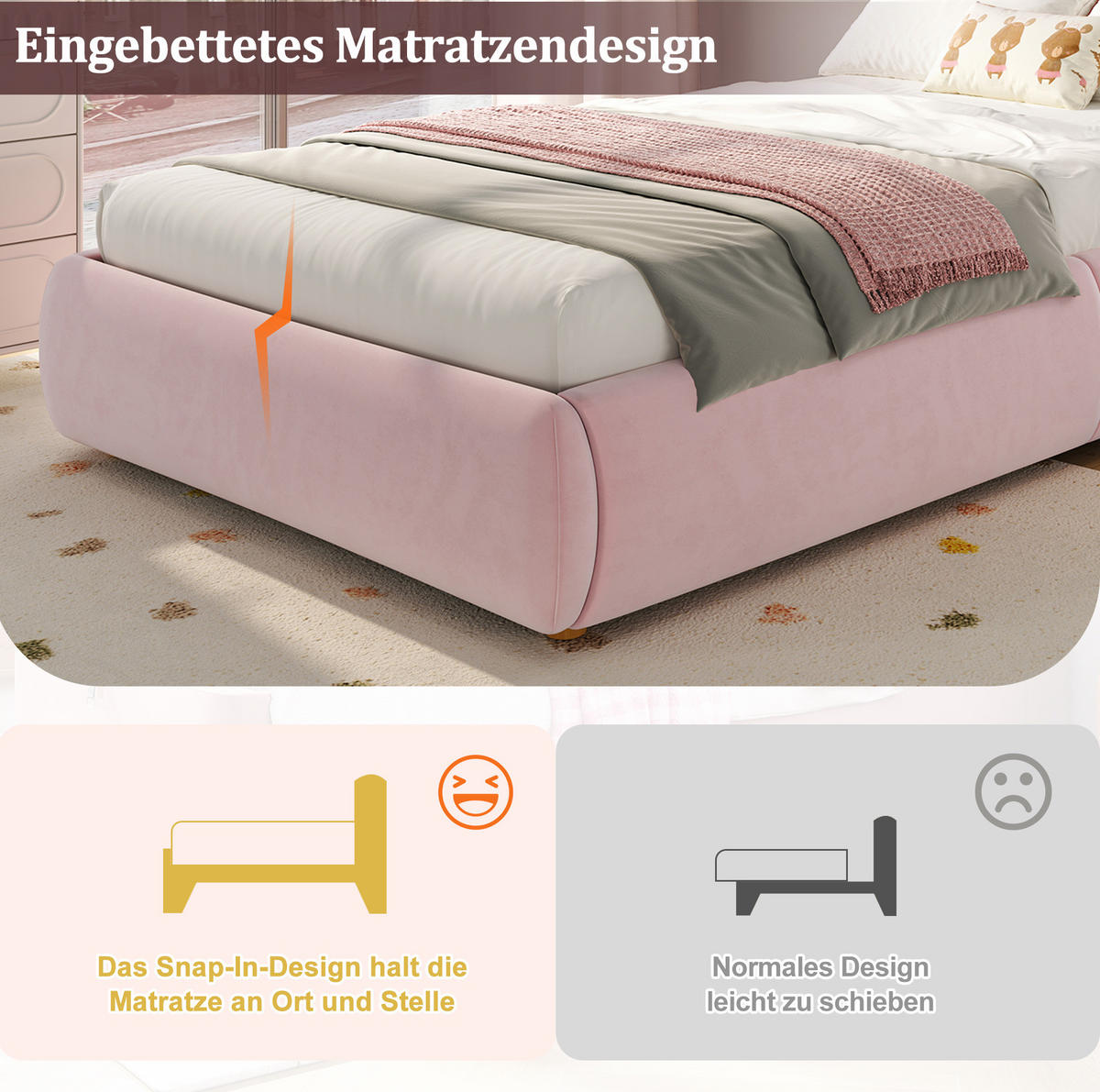 KINDERBETT 90/200 cm mit hydraulischem Stauraum, Lattenrost und gepolstertem Samt-Kopfteil, Pink - Rosa, Textil (90/200cm) - Redom