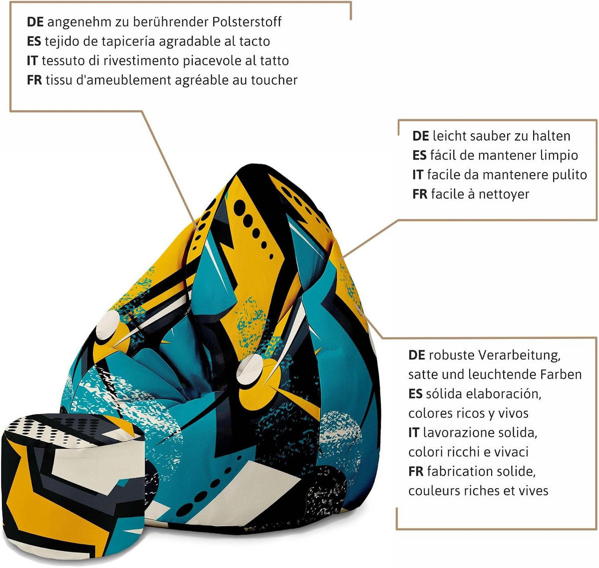 SITZSACK PEARSHAPE MIT FUßSTÜTZE Velvet 2-tlg Abstract Yellow M - Dunkelgelb, Textil (70/120/70cm) - Dreamroots