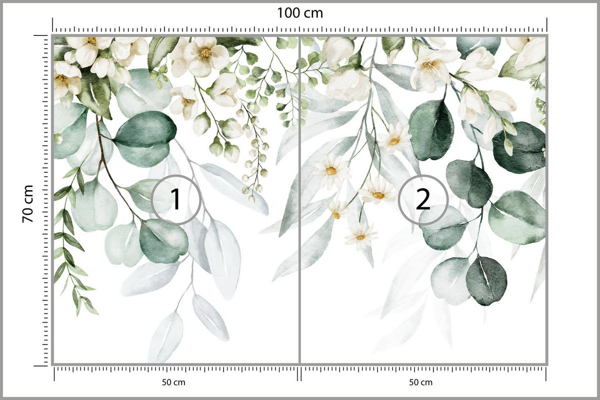 FOTOTAPETE für Schlafzimmer Aquarell Blätter Blumen Weiß 100x70 - Gelb/Weiß, Papier (100/70cm) - Muralo