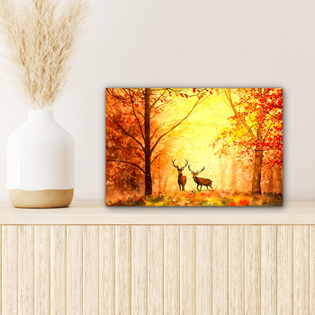 LEINWANDBILD Natur - Ölfarbe - Hirsche - Tiere - Herbst - Orange Deko Schlafzimmer 30x20 cm - Orange, Textil (30/20cm) - MuchoWow