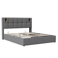 POLSTERBETT 140x200 cm - mit integrierten LED-Leseleuchten und hydraulischer Hebefunktion - ohne Matratze - Grau - Grau, Textil (140/200cm) - DELFA