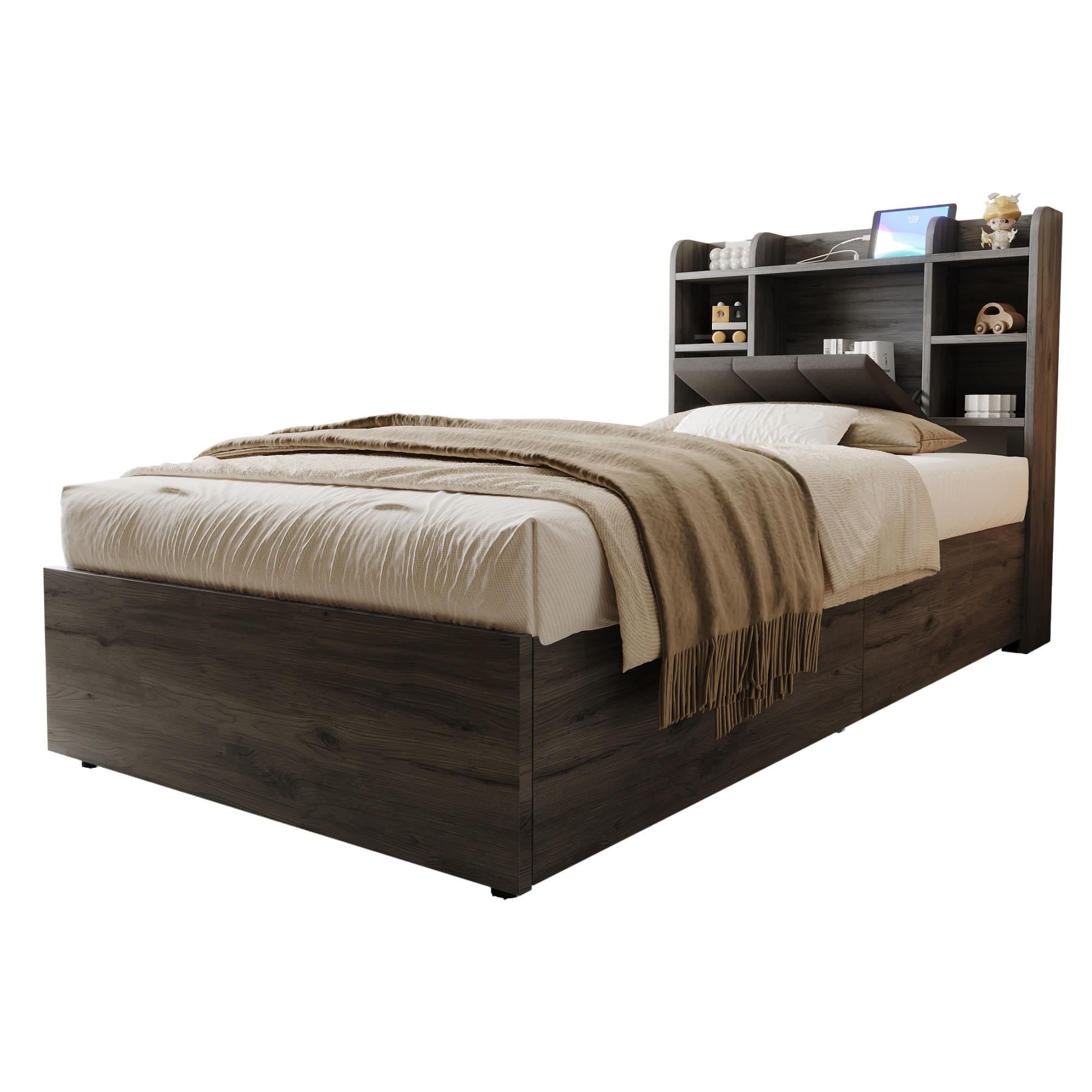 JUGENDBETT 90/200 cm in Grau mit Bettkasten, Regal und USB - Grau, Holzwerkstoff/Textil (90/200cm) - CHICFURN