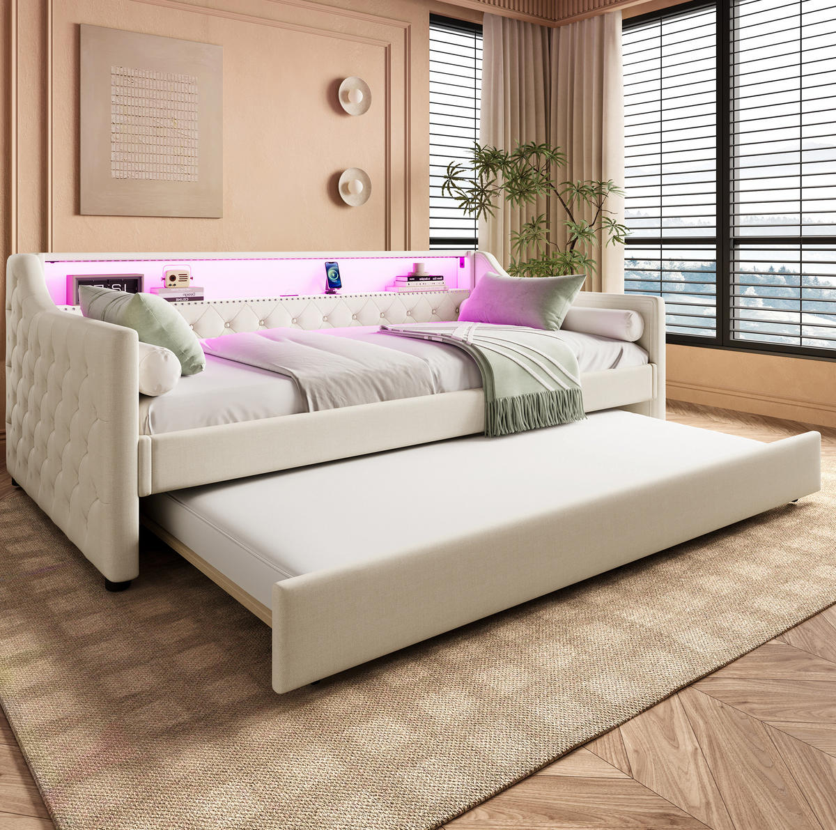 POLSTERBETT mit LED-Beleuchtung 90/200 cm mit Ausziehbett und USB in Beige - Beige, Textil (90/200cm) - BEAOK
