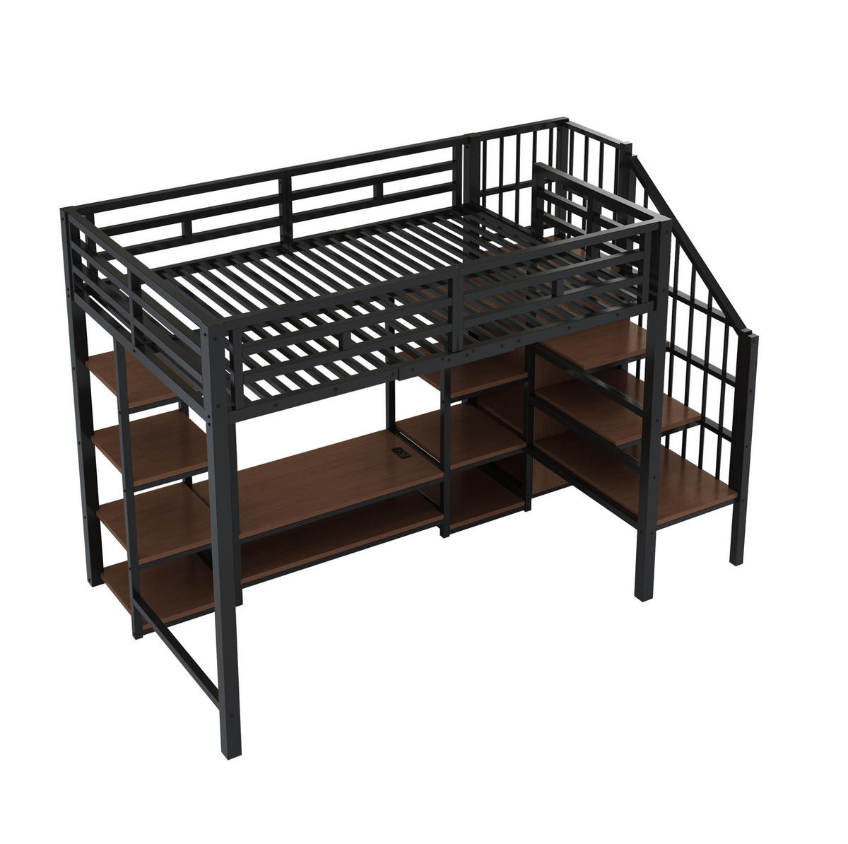 HOCHBETT aus Metall und MDF 90x200 cm Schwarz mit TV-Ständer, Steckdose und Aufbewahrungsleiter - Schwarz, Metall (90/190cm) - Modfu