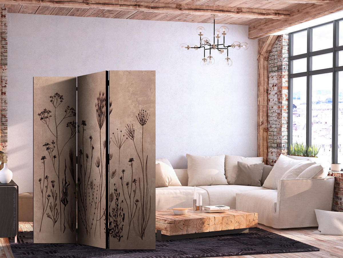 PARAVENT Akustik 3-tlg 135x172 cm Wildpflanzen Retro - Braun, Holz/Textil (135/172/3cm) - Muralo