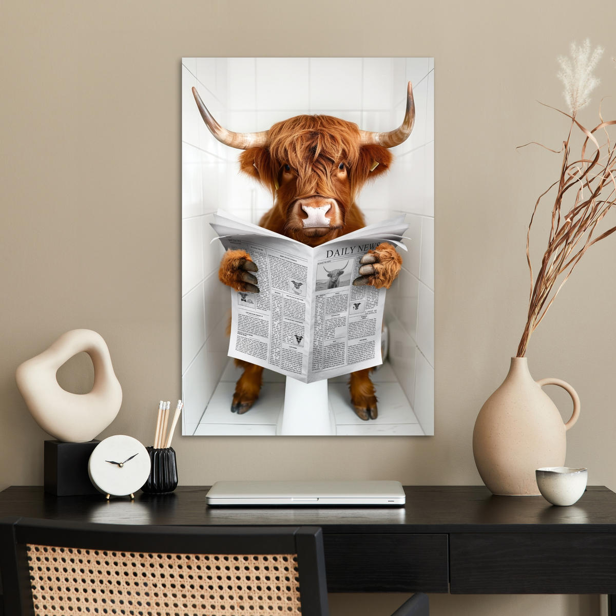 POSTER Schottisches Hochlandrind - Tier - Zeitung - Toilette 40x60 cm - Kastanienfarben, Papier (40/60/0.1cm) - MuchoWow