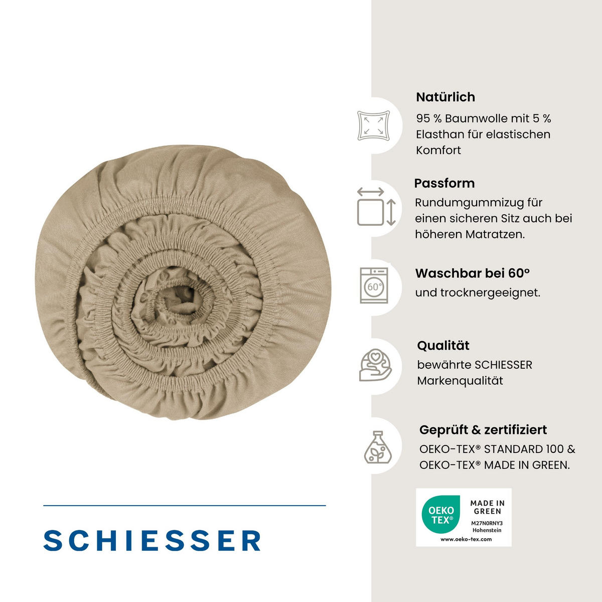 SPANNBETTLAKEN Flexi 95 % Baumwolle, 5 % Elasthan 180x200 cm Cappuccino - Cappuccino, Textil (180/200cm) - SCHIESSER