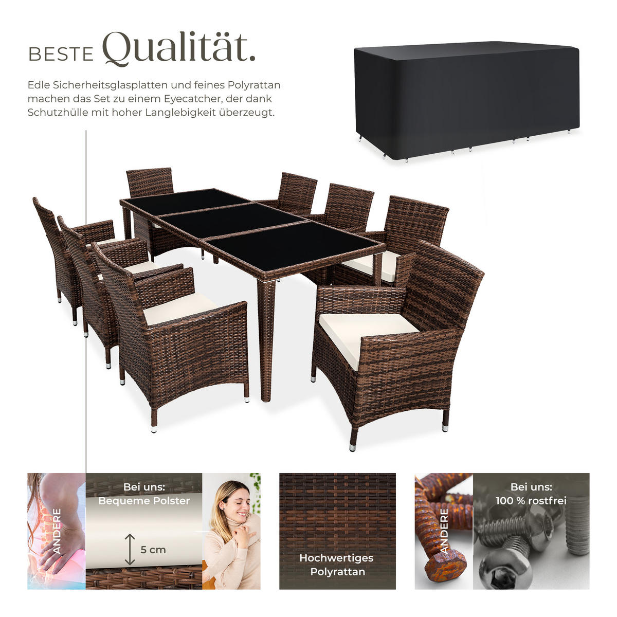RATTAN SITZGRUPPE Menorca,2 Bezugssets, inklusive Schutzhülle,schwarz/braun - Schwarz/Braun, Kunststoff - tectake