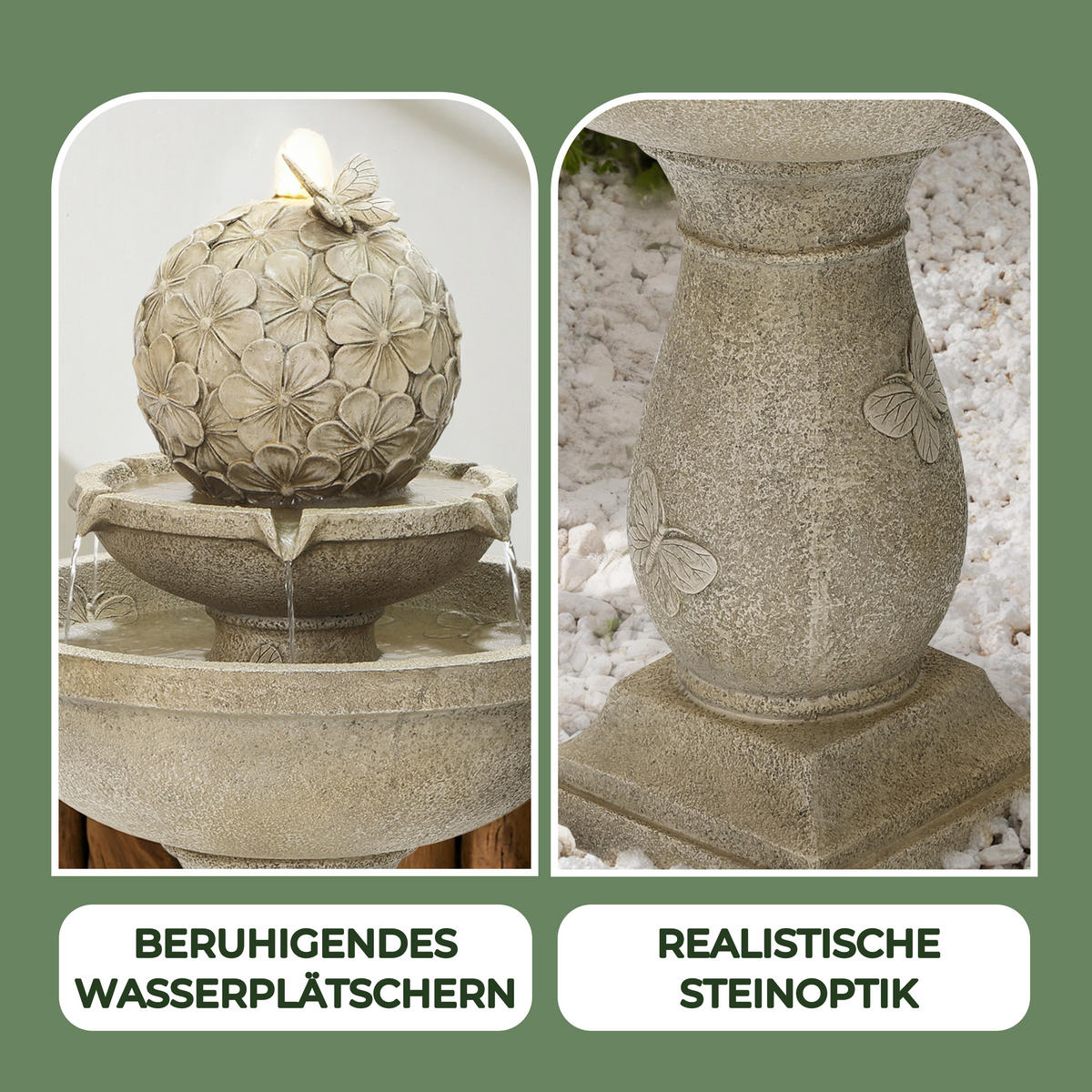 2-STUF. Polyresin-Gartenbrunnen, Vogeltränke+Schmetterling auf Kugel, 95cm, Garten/Balkon/Terrasse - Grau, Kunststoff (45/45/95cm)