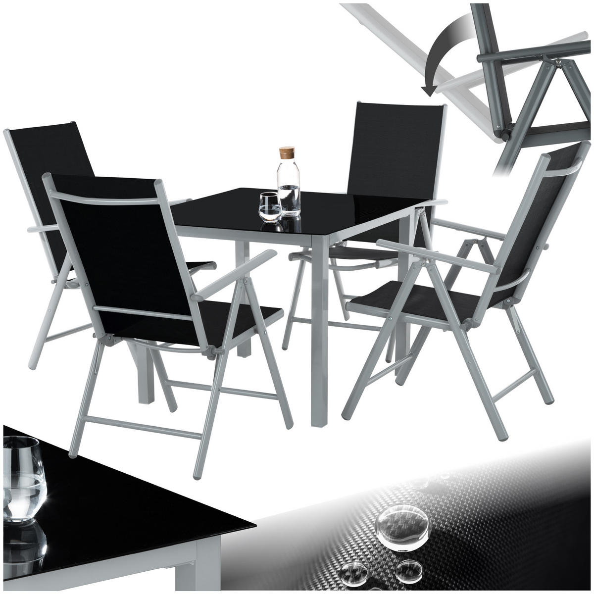 SITZGRUPPE Stabia,Tisch mit Sicherheitsglasplatte und Ausgleichsschrauben,silber - Silberfarben, Naturmaterialien/Kunststoff - tectake