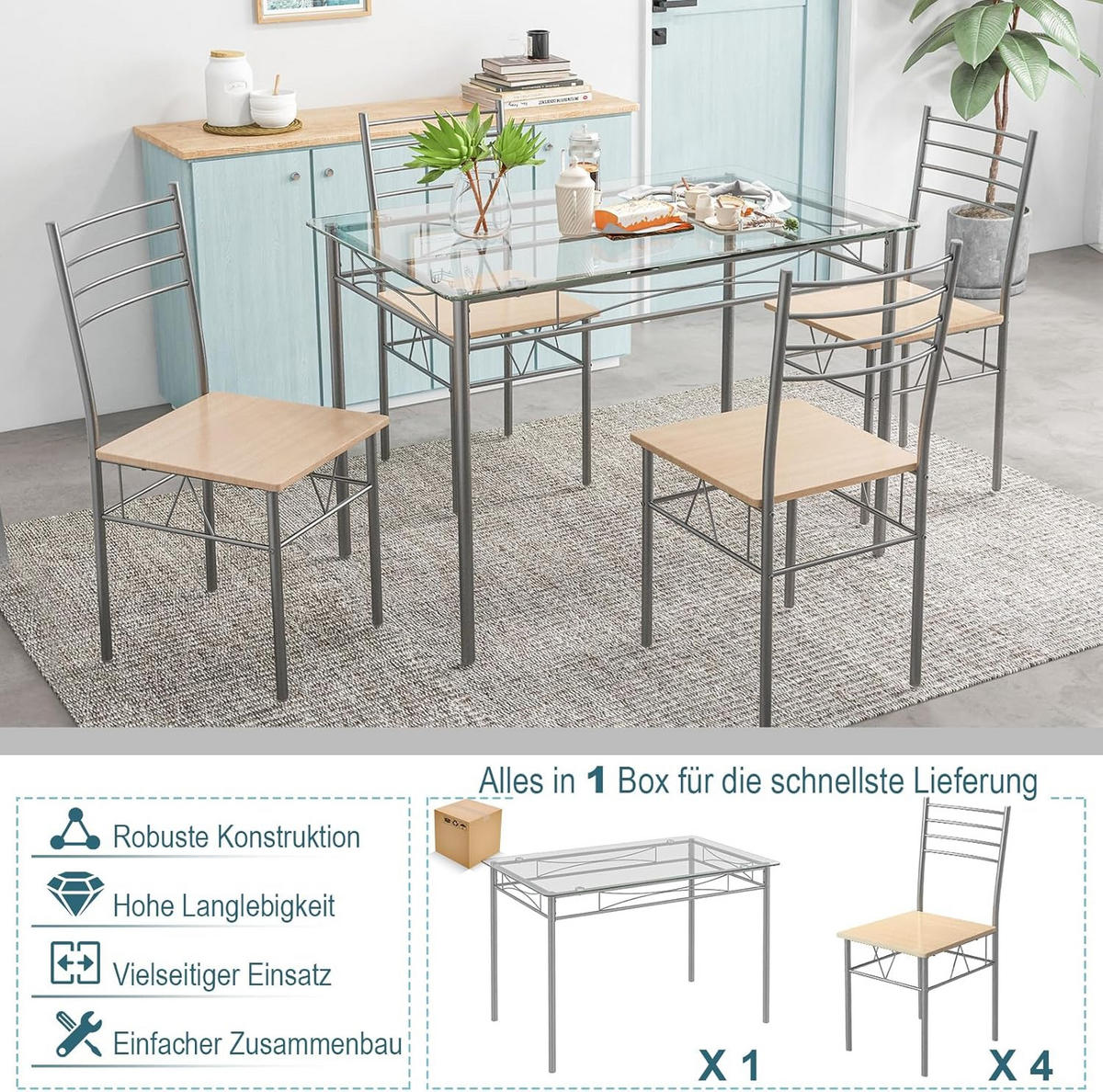 ESSGRUPPE Holz - Naturfarben, Glas (49/86/40cm) - COSTWAY