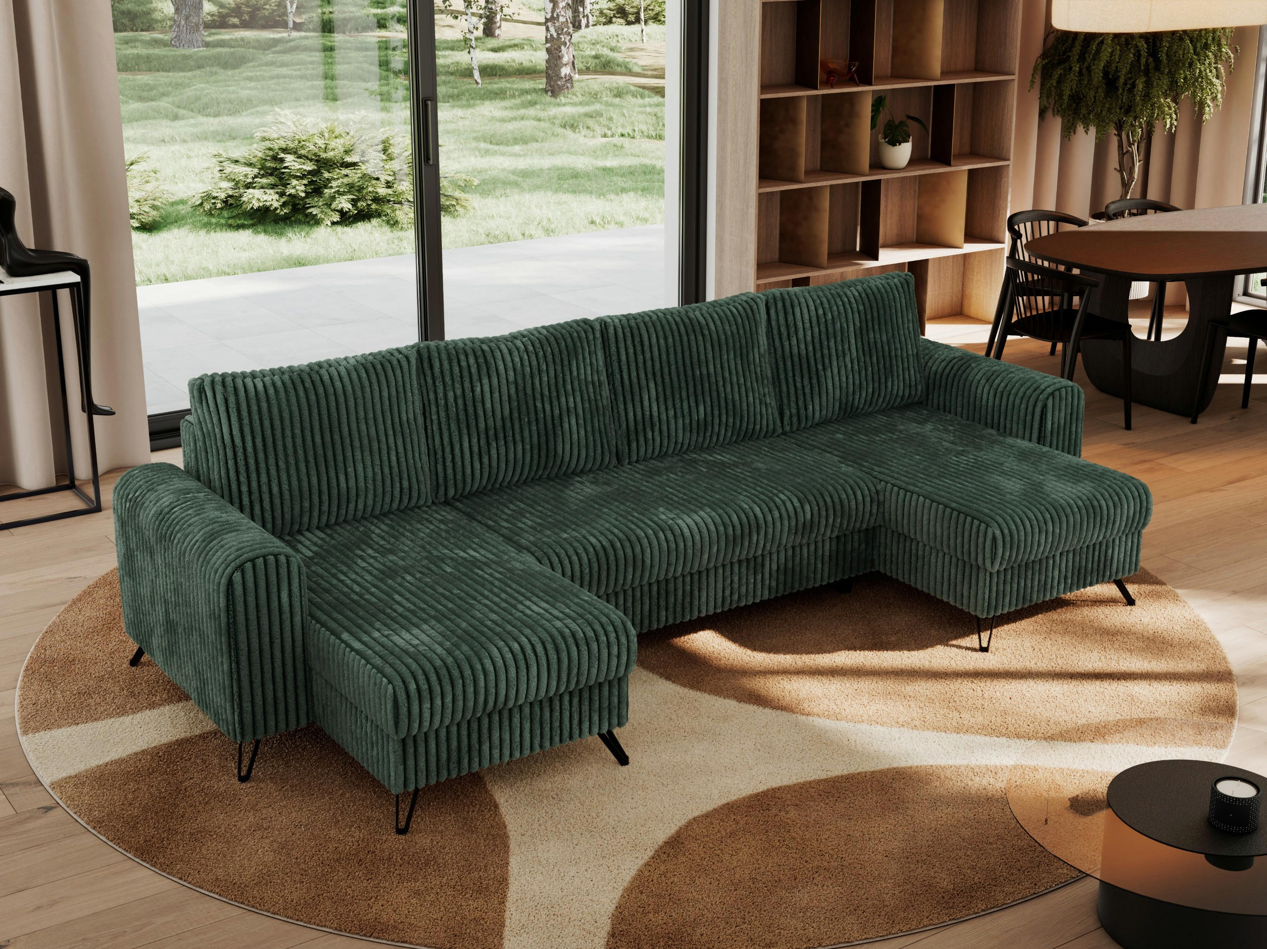 WOHNLANDSCHAFT AXEL U Cord Grün - Schwarz/Grün, Textil/Metall (312/90/140cm) - MKS