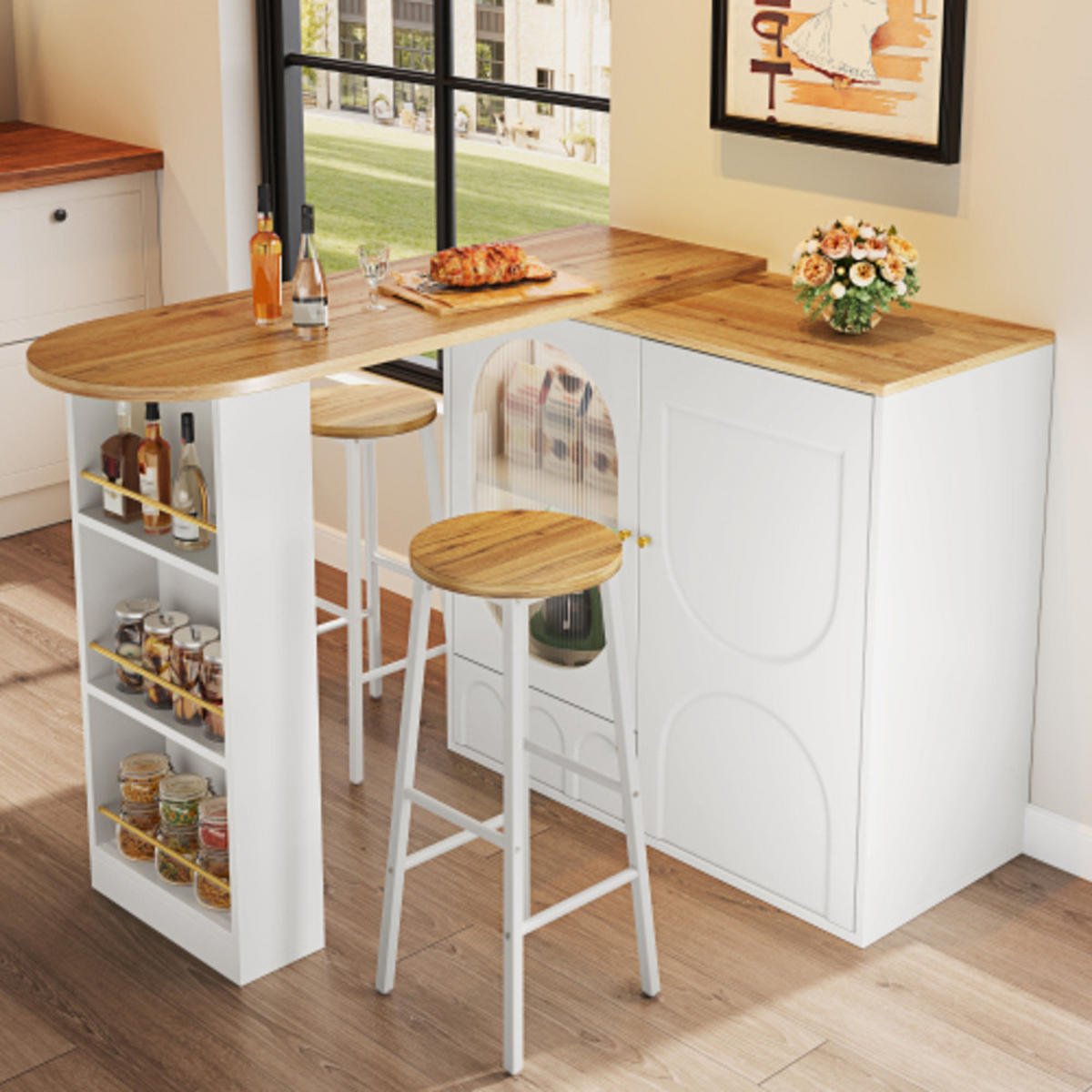KÜCHENINSEL-SET 138-204×39×105 cm mit 2 Barhockern aus MDF und Metall, weiß mit Holzoptik - Weiß, Holzwerkstoff (204/105/39cm) - Luhomfu
