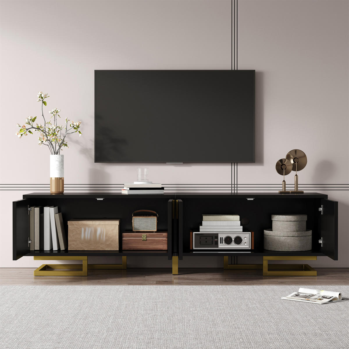 TV-ELEMENT160X38X44,5CM SchwarzStrukturiertes Lowboard mit Goldenen Beinen - Schwarz, Holz (47.12/25.78/93.35cm) - Raelunyi