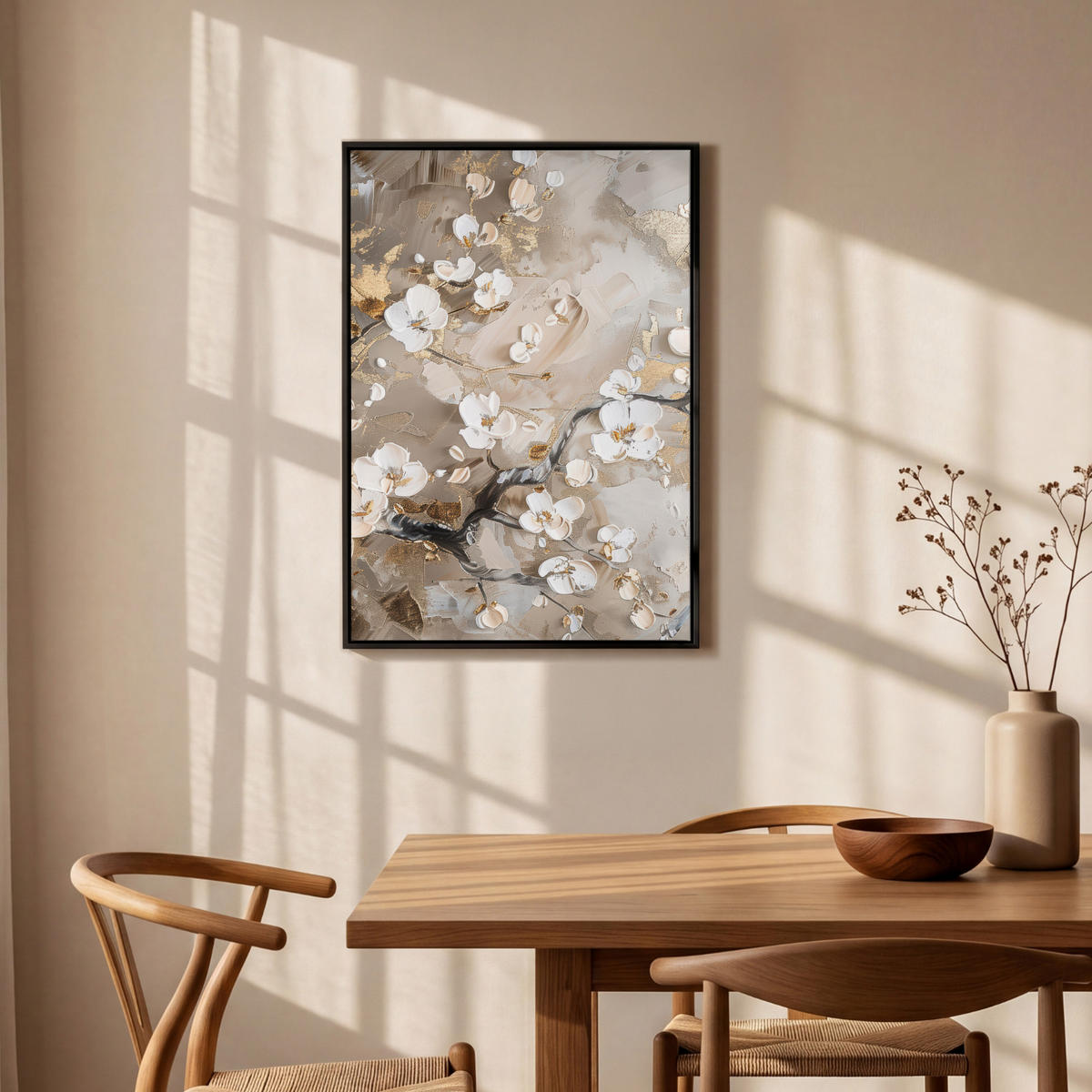 LEINWAND Bilder mit Rahmen - Blumen - Weiß - Gold - Beige - Luxus - 60x90 - Greige, Textil (60/90cm) - MuchoWow