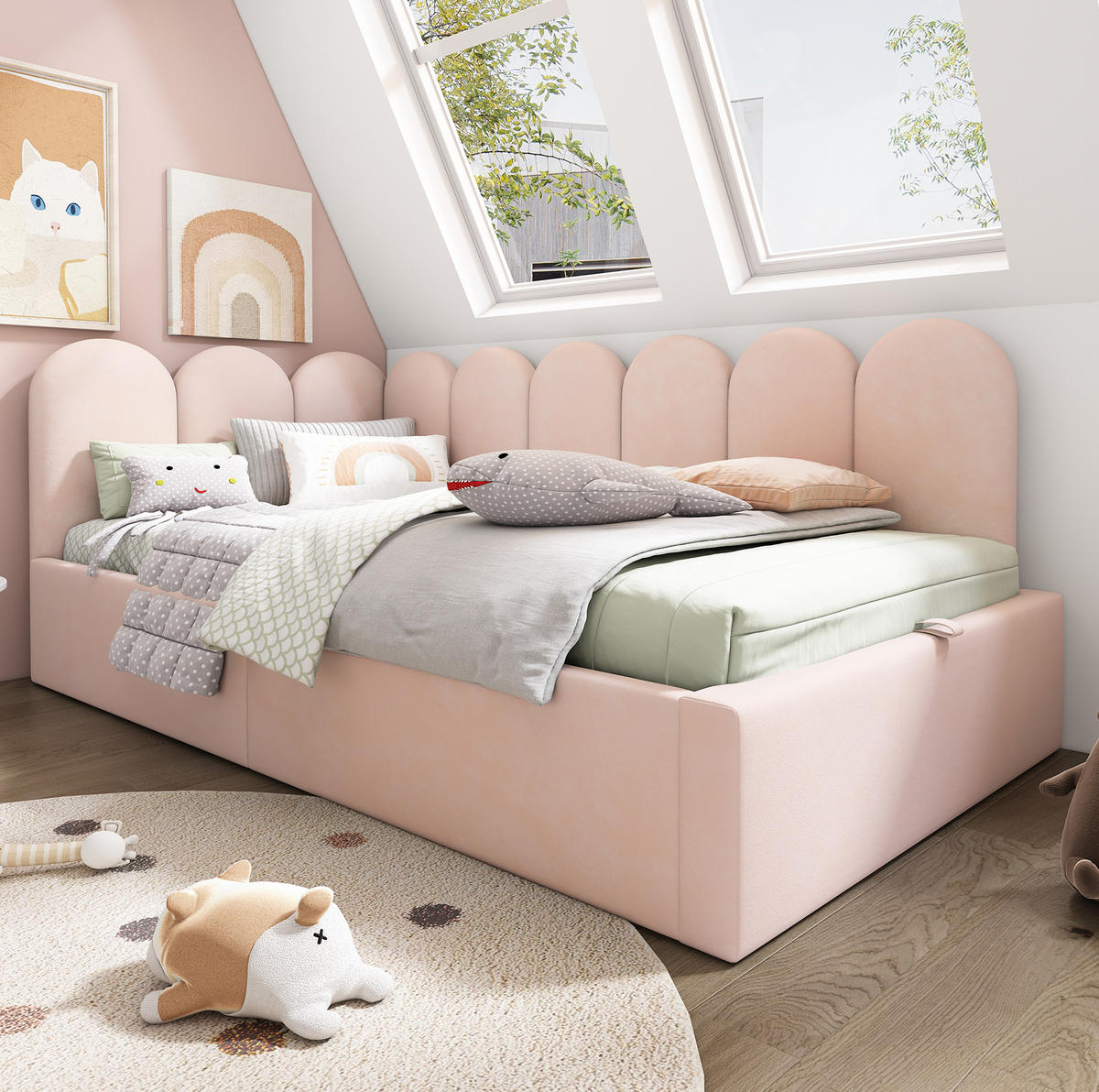 KINDERBETT Polsterbett 90/190 cm aus Samt mit hydraulischem Stauraum Rosa - Pink, Textil (90/190cm) - Modenvie