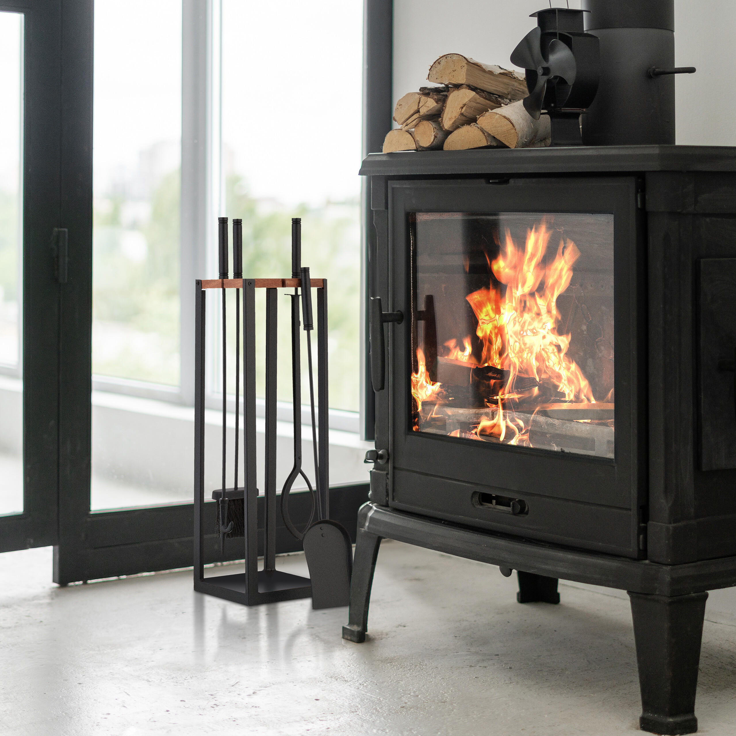 5-TLG.KAMINBESTECK-SET - Schwarz, Holz/Metall (20/78/20cm) - Relaxdays