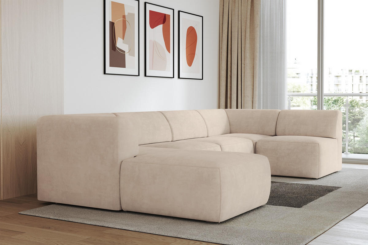 WOHNLANDSCHAFT Ottomane Links MOVA 345x180x78 Beige Samt - Beige/Schwarz, Holzwerkstoff/Kunststoff (180/78/345cm) - ALTDECOR
