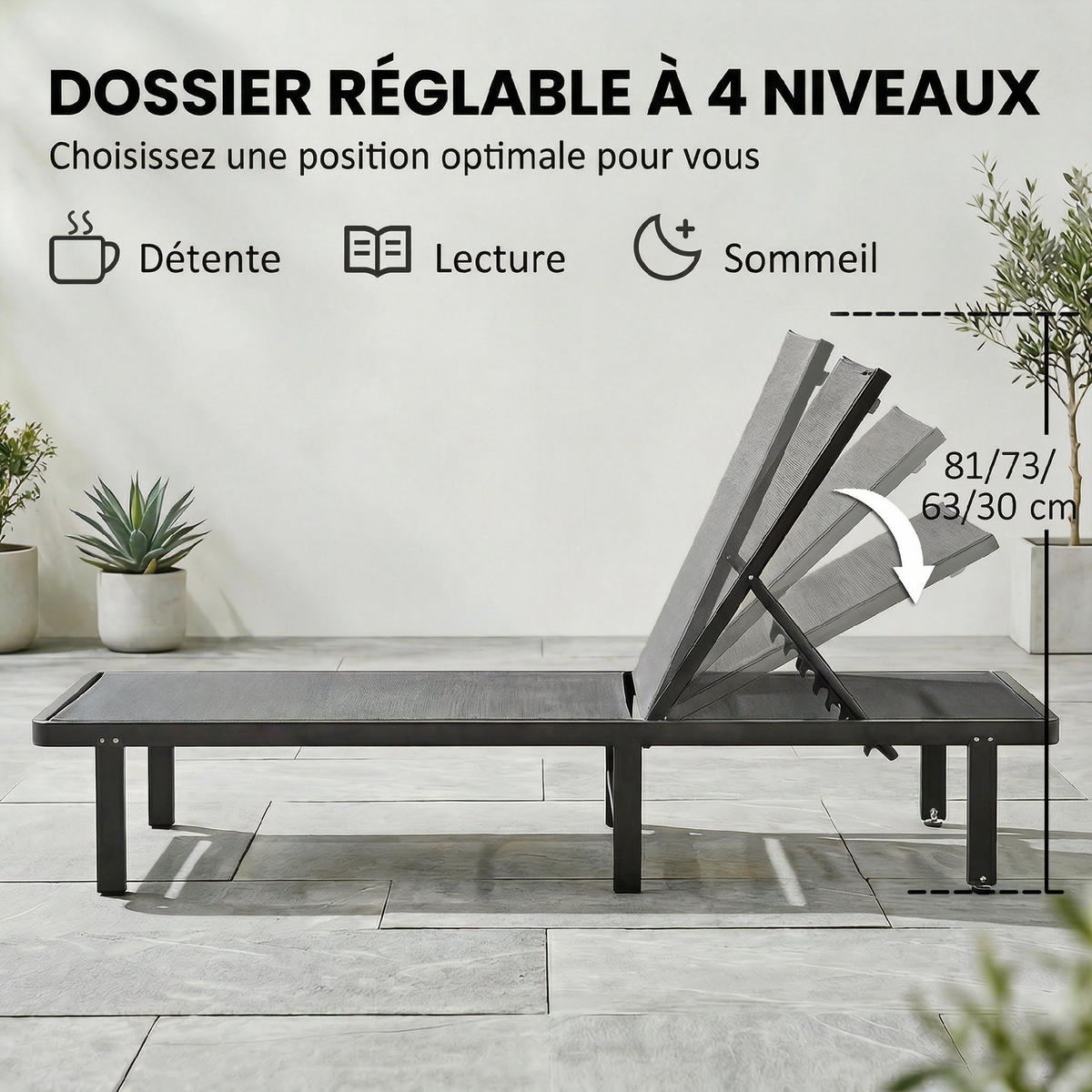 SONNENLIEGE DE-15696 mit Rollen Dunkelgrau - Dunkelgrau, Metall (62/88/190cm) - ComfortXL