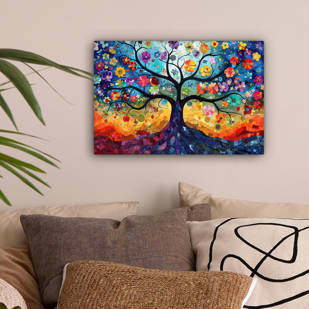 LEINWANDBILD Kunst - Baum des Lebens - Blumen - Hippie 30x20 cm - Dunkelblau, Textil (30/20cm) - MuchoWow