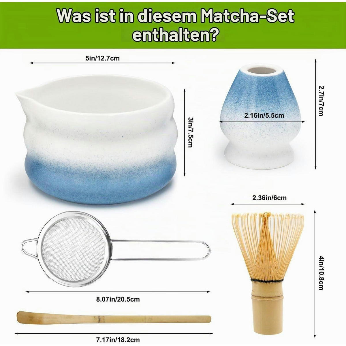 MATCHA Set 5-teiliges Set mit Schale und Bambusbesen (Blue) - Blau, Keramik (18.2/12.7/20.5cm)
