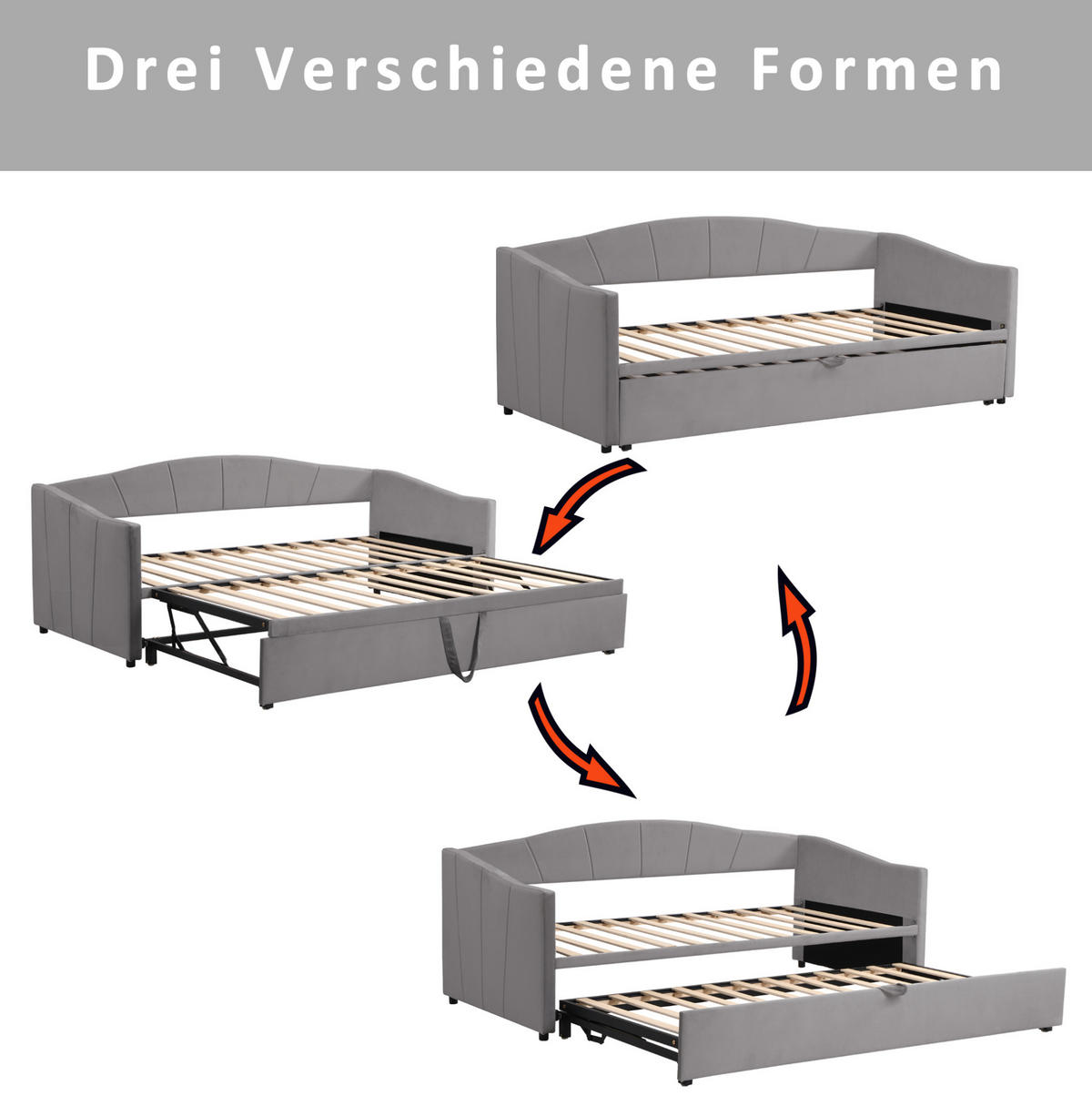 POLSTERBETT 90/200 cm ausziehbar auf 180/200 cm mit Lattenrost und Rückenlehne, Grau - Grau, Textil (90/200cm) - Redom