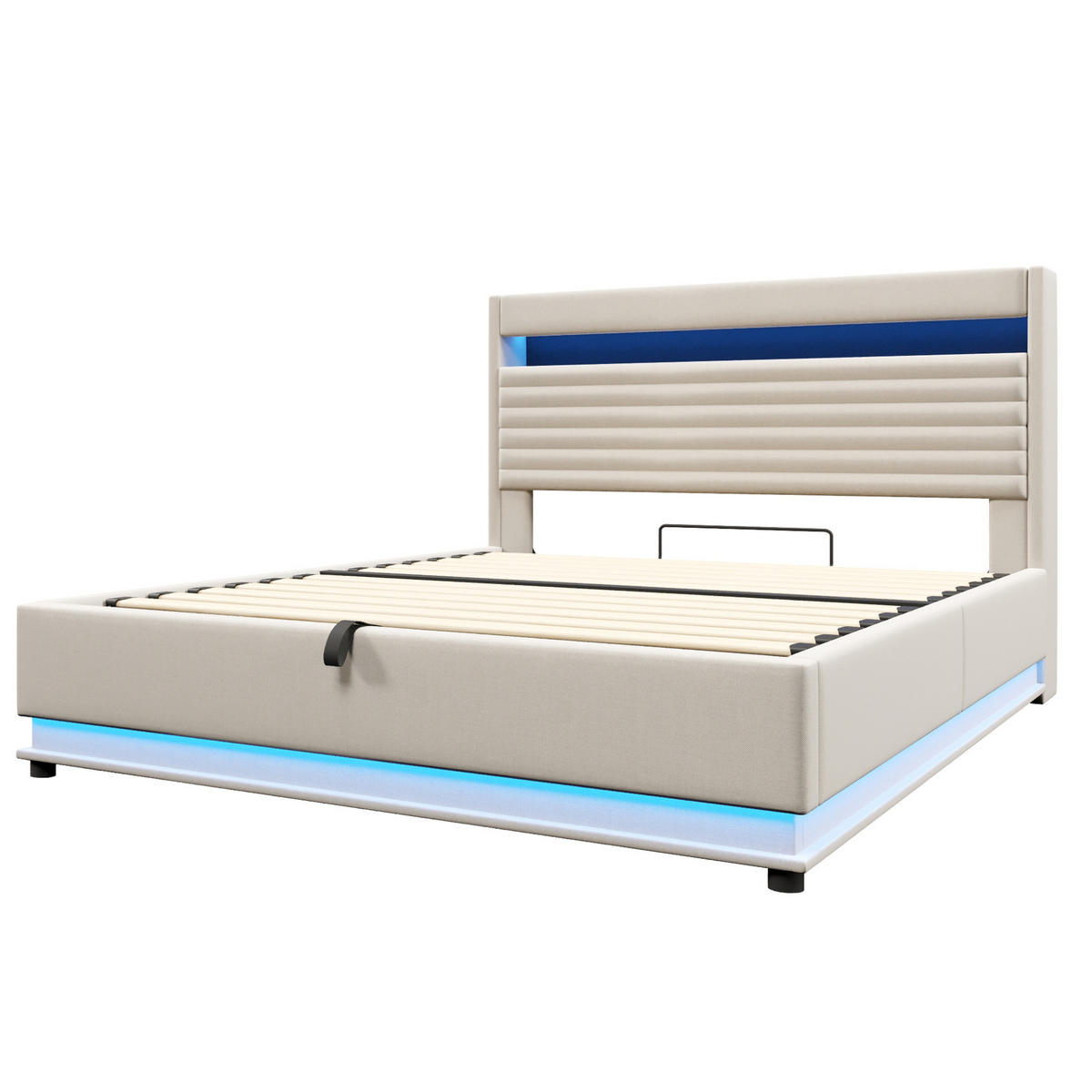 POLSTERBETT 180/200 cm aus Leinen mit LED-Beleuchtung und Stauraum Beige - Beige, Textil (180/190cm) - Modenvie