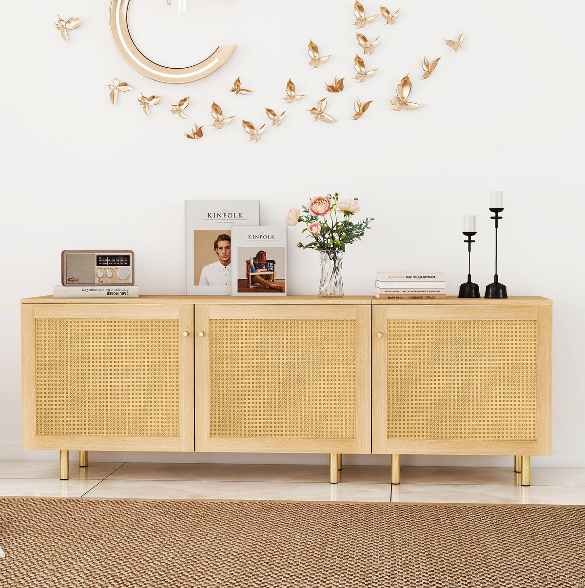 SIDEBOARD 180/40/63 cm mit 3 Türen in Naturholzoptik und goldfarbenen Griffen - Naturfarben, Holzwerkstoff (180/63/40cm) - BEAOK