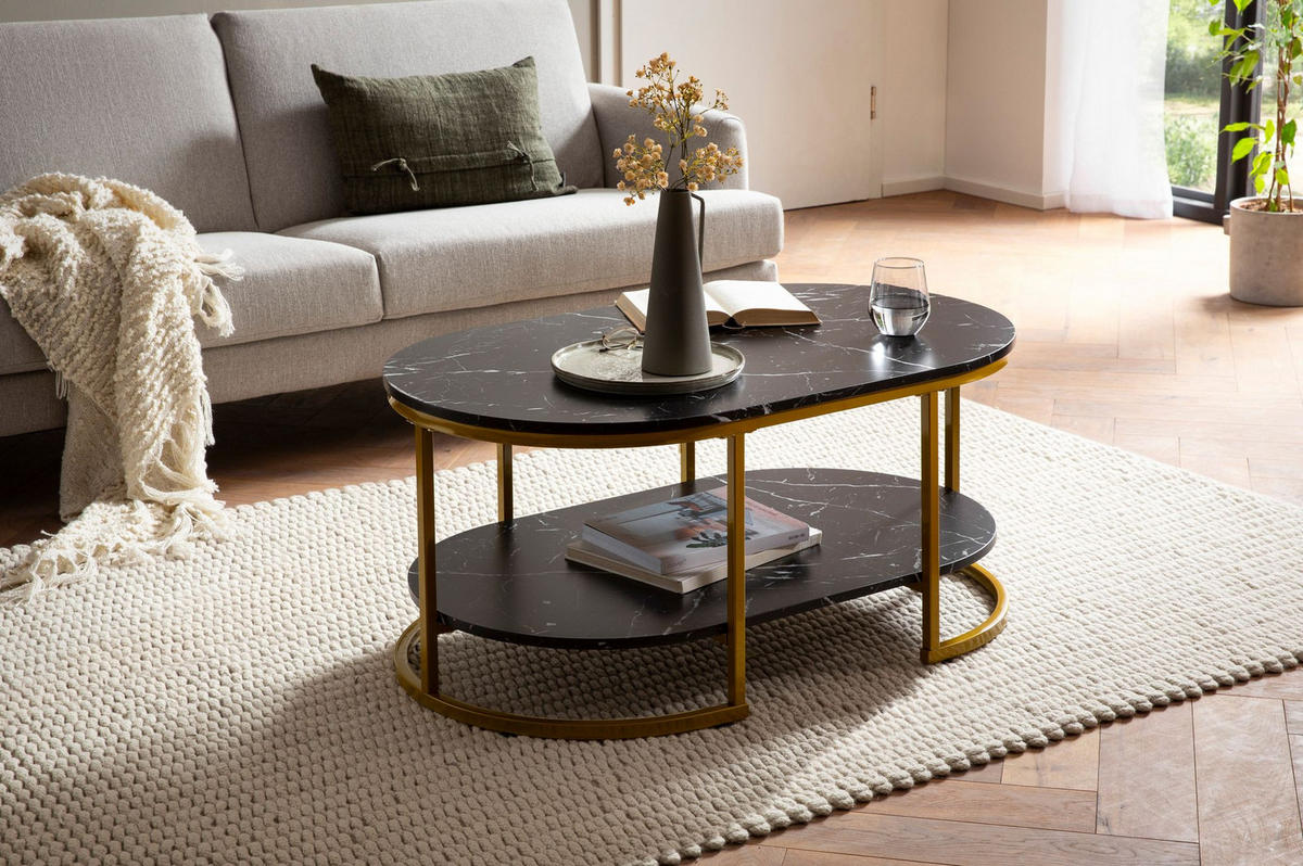 COUCHTISCH mit Marmor Optik, rechteckig, Ablage, goldenes Metallgestell, Schwarz 100x60x45 cm - Goldfarben/Schwarz, Holzwerkstoff/Metall (60/100/45cm) - KADIMA DESIGN