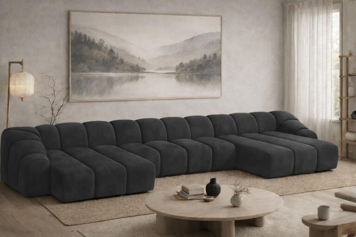 ECKSOFA Modulare U-Form, Veloursstoff Bluvel, Schwarz, CROISSANT U XL - Schwarz, Holz (448/72/190cm) - Kaiser Möbel