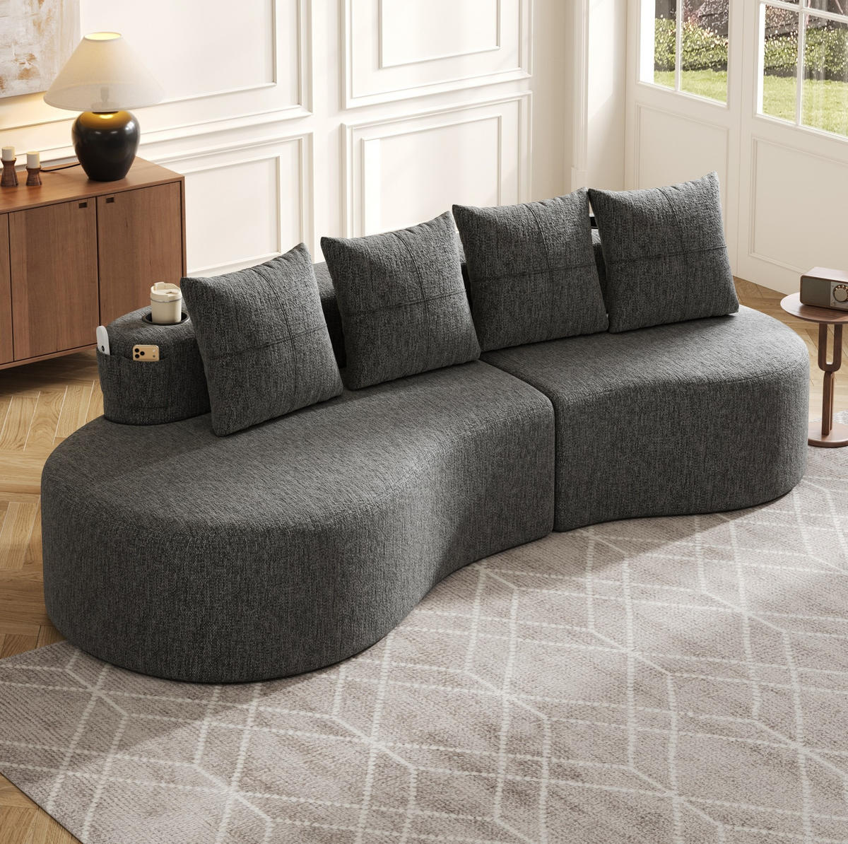 SOFA mit 4 Kissen 240 x 109 x 60 cm Leinen Dark Gray - Dunkelgrau, Kunststoff (109/63/240cm) - Meubliv