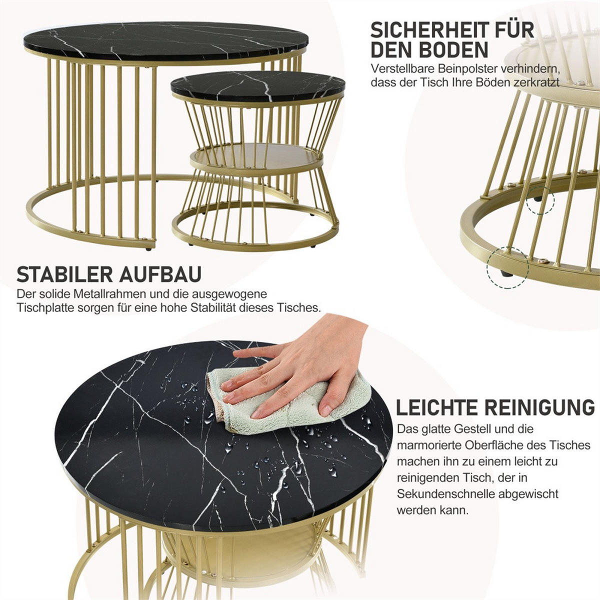 COUCHTISCH 2er Set - Runder Couchtisch 70 cm & 45 cm - Ineinander Schiebbar Marmoroptik - Gold & Schwarz - Schwarz, Holzwerkstoff (70/70/45.5cm) - DELFA