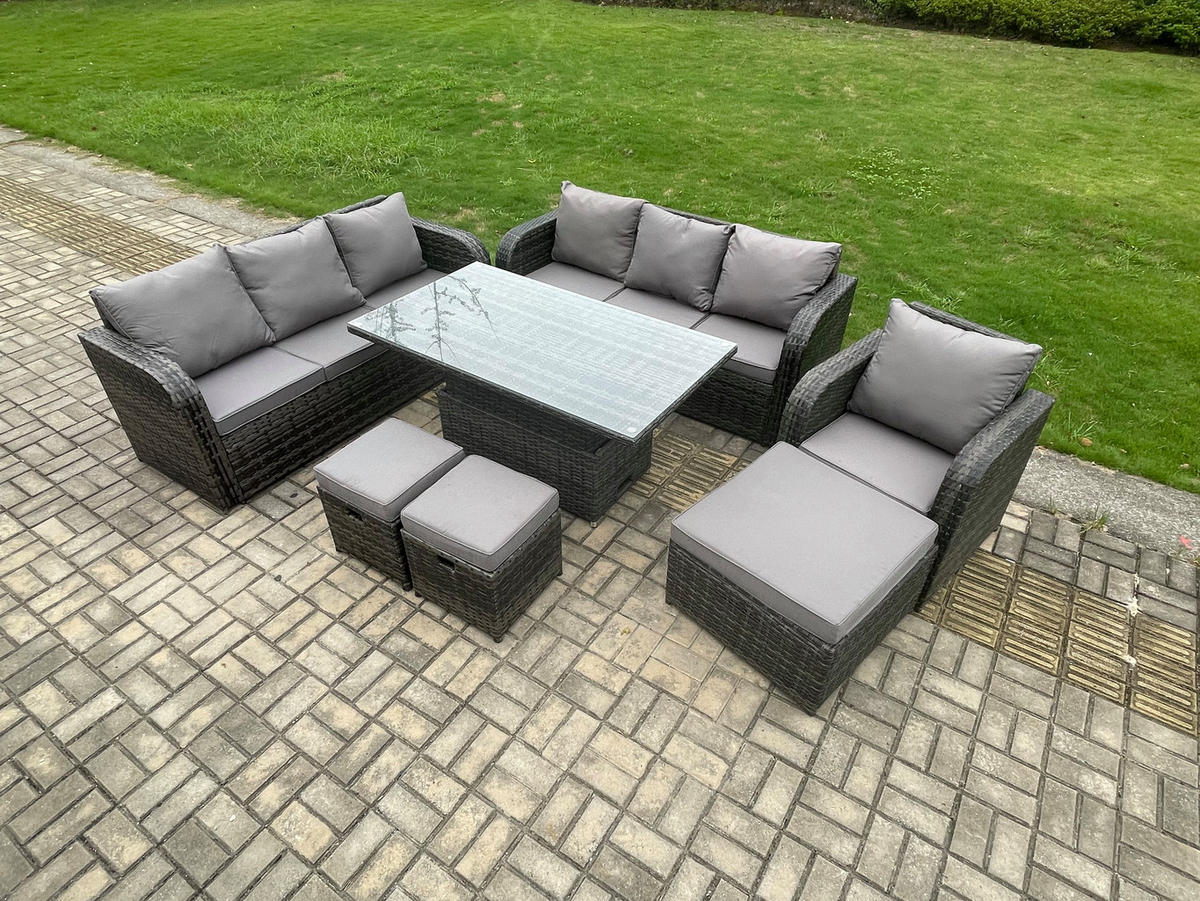 GARTENMÖBELSET mit Höhenverstellbarer Esstisch 10-Sitzer Grau - Dunkelgrau/Grau, Glas/Kunststoff - Fimous