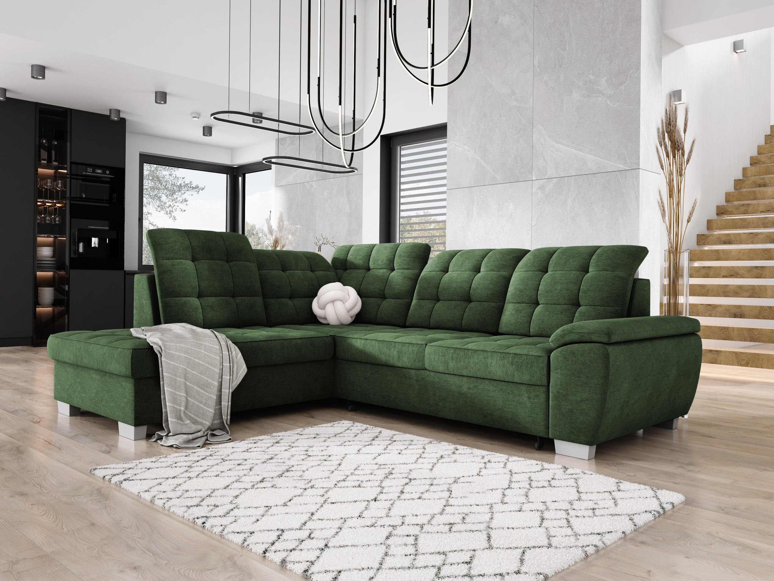 ECKSOFA LOTTA L-förmig Bettkasten verstellbare Kopfstützen hochwertige Verarbeitung lose Rückenkissen freistehend LINKS 212x258x106 cm Green - Grün, Holz/Textil (212/258cm) - DomoHome