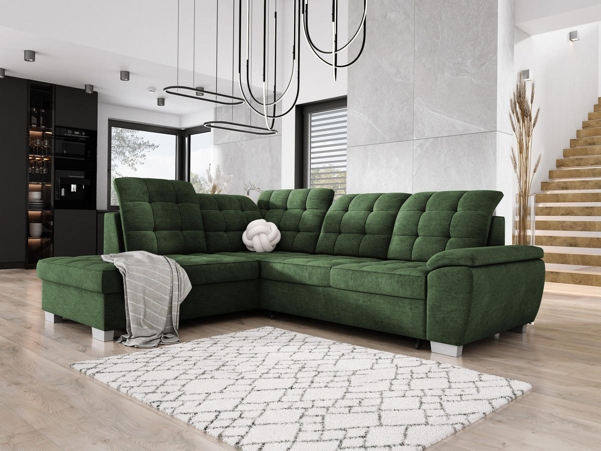 ECKSOFA LOTTA L-förmig Bettkasten verstellbare Kopfstützen hochwertige Verarbeitung lose Rückenkissen freistehend LINKS 212x258x106 cm Green - Grün, Holz/Textil (212/258cm) - DomoHome