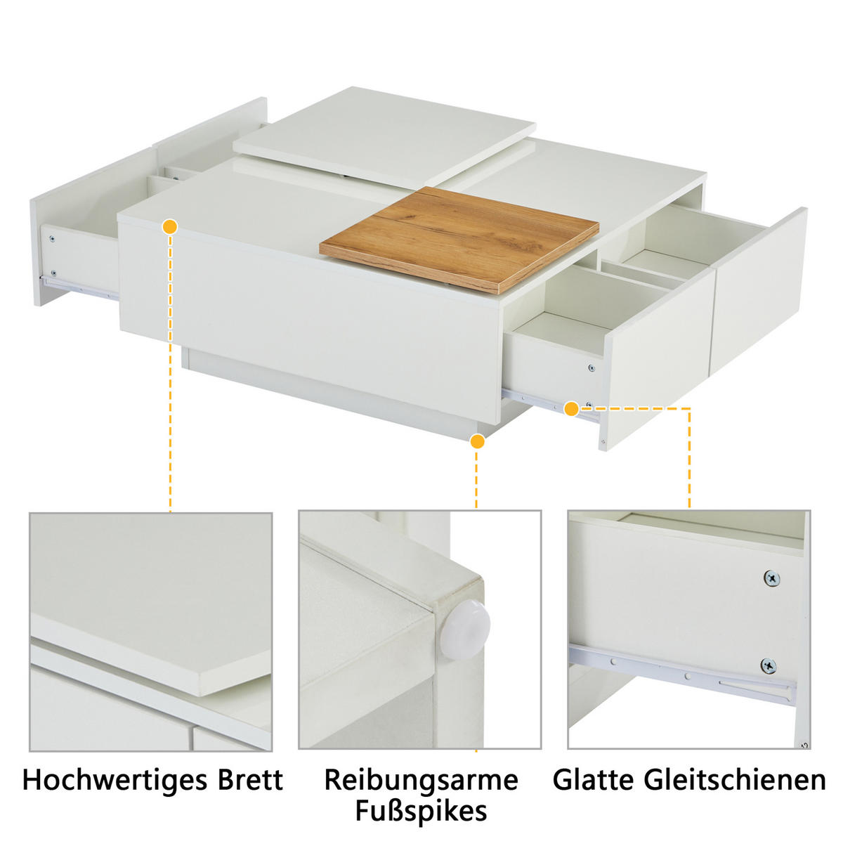 COUCHTISCH aus Spanplatte 75x75x33,5 cm in Weiß mit 4 Schubladen - Weiß, Holzwerkstoff (75/75/33cm) - Modfu
