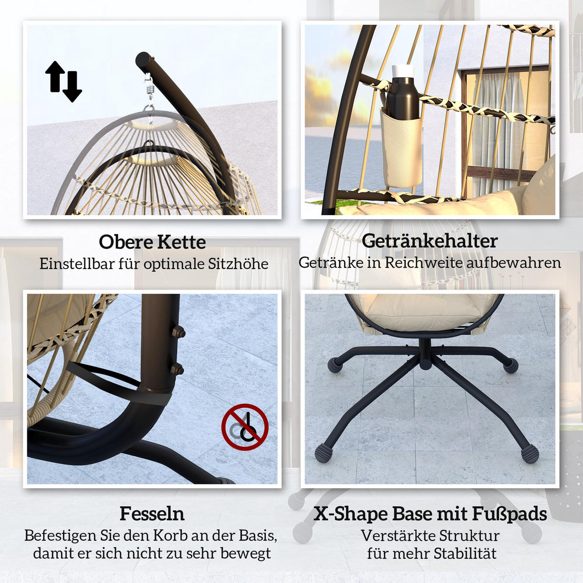 HÄNGESESSEL mit Sitzkissen faltbar Khaki - Schwarz, Textil/Metall (88/192/120cm) - Outsunny