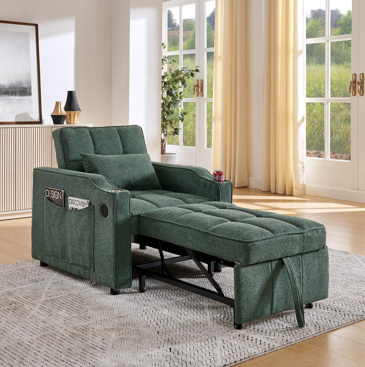 SCHLAFSESSEL 3-in-1 mit Liegefunktion 190 cm Stoff - Grün, Holz (85/86/190cm) - Meubliv
