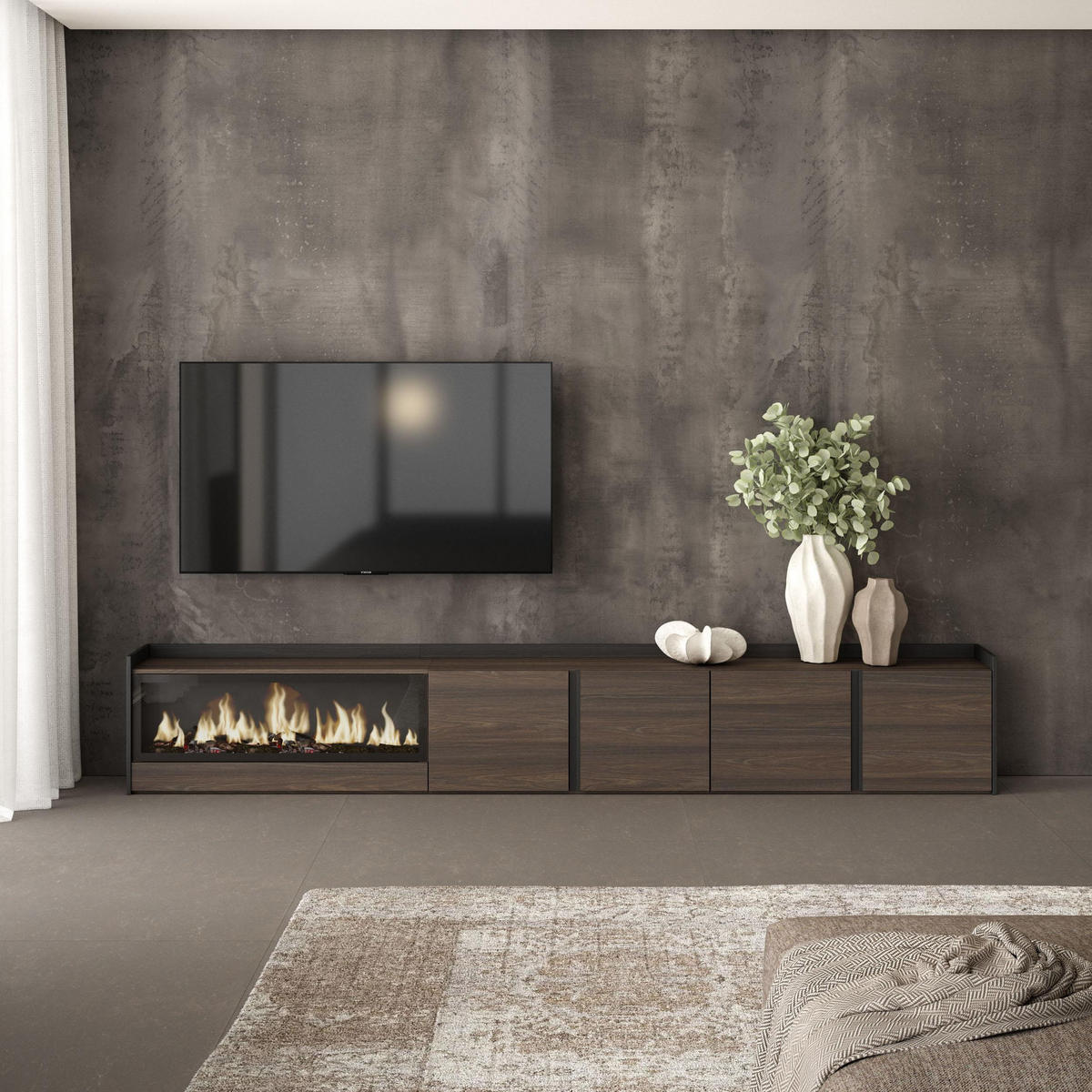 LOWBOARD, Dunkler Eiche und Schwarz, 315/35/50cm, Kamin mit Feuereffekt XXL - Dunkelbraun, Holzwerkstoff (315/50/35cm) - Skraut Home