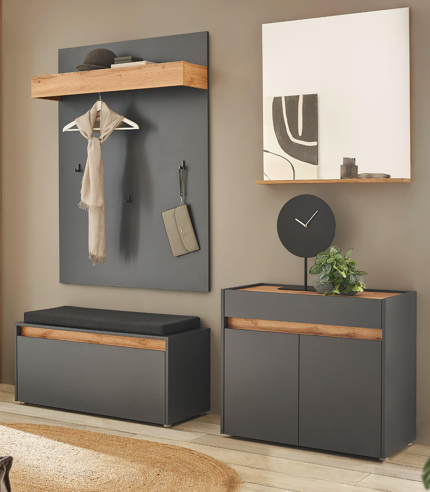 GARDEROBEN-SET 5-teilig grau matt, Eiche Wotan 190 cm, Kombination inklusive Sitzkissen - Silberfarben/Eiche Wotan, Glas/Holzwerkstoff (190/200/40cm) - Furn.Design