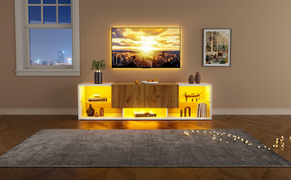 TV-SCHRANK in Weiß/Eicheoptik mit LED und 2 Schubladen 160/40/42 cm - Weiß, Holzwerkstoff (160/42/40cm) - Redom