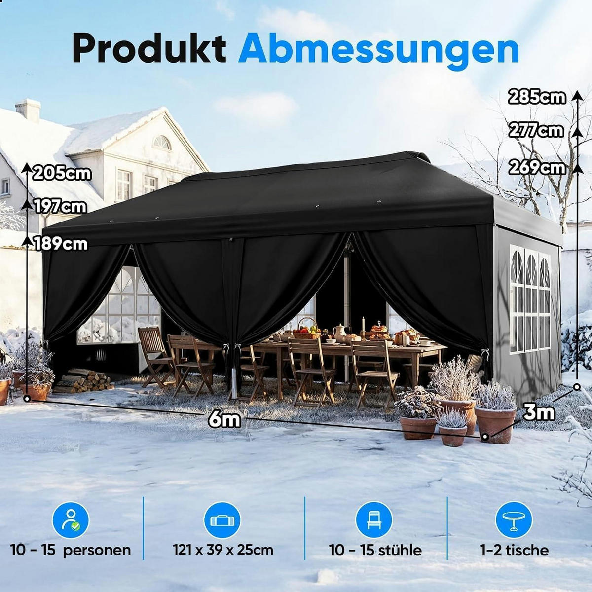 FALTPAVILLON 3x6m mit Seitenwänden Schwarz Metall - Schwarz, Metall (585/285/293cm)